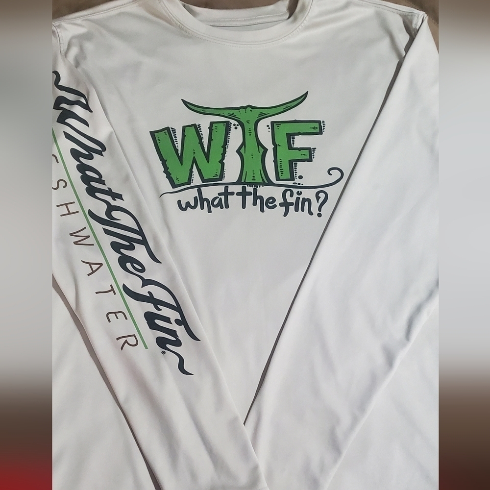 What The Fin Men's Cream Long Sleeve Shirt With Design On Back And Front. Sz M